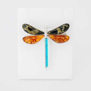 STERLING SILVER AMBER AND TURQUOISE DRAGONFLY BROOCH -BROOCH1